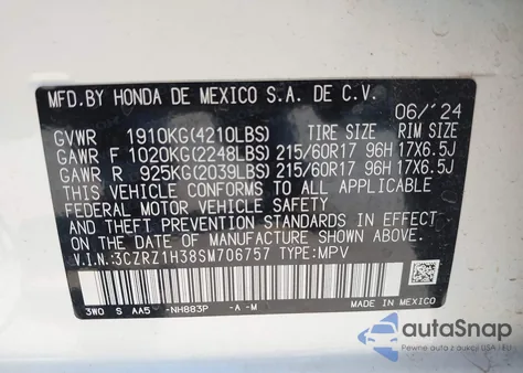 2025 Honda Hr-V 2Wd Lx из США, поврежденный, VIN 3CZRZ1H38SM706757